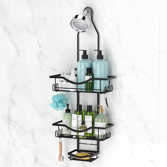 Shower Caddy Hanging Adjustable Shower Caddy, Rustproof Shower Organizer Extended Length Shower Caddies Over Shower Head with Hooks Soap Holder, Large Capacity Anti-Swing Bathroom Storage, Black | Extra Long, No Drilling, Anti-Slip, Shower Caddy Over S...