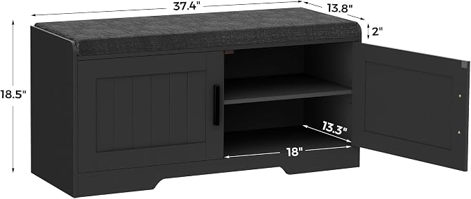 Homleke Shoe Storage Bench, 2 Doors & Thickened Padded Seat Cushion | 2-Tier Shoe Bench, Entryway Bench, Adjustable Shelf, 13.8" D x 37.4" W x 18.5" H, for Living Room, Bedroom, Black