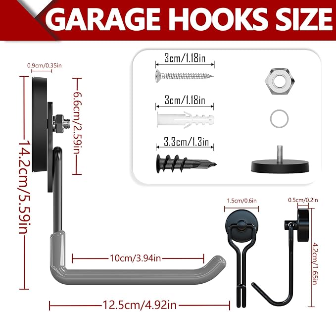 3-H Heavy Duty Magnetic Hooks, Large Magnet Hooks,2 Pack Gray | No-Drill Tool Holder for Garage,Power Drill,Garden Tools,Hose Storage