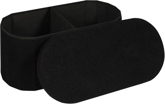 30 Inches Oval Storage Ottoman Bench, Foldable Footrest | Teddy Boucle Fabric, Hidden Storage, Soft Padded Seat, Compact Ottoman For Living Room, Bedroom, Dorm, Black