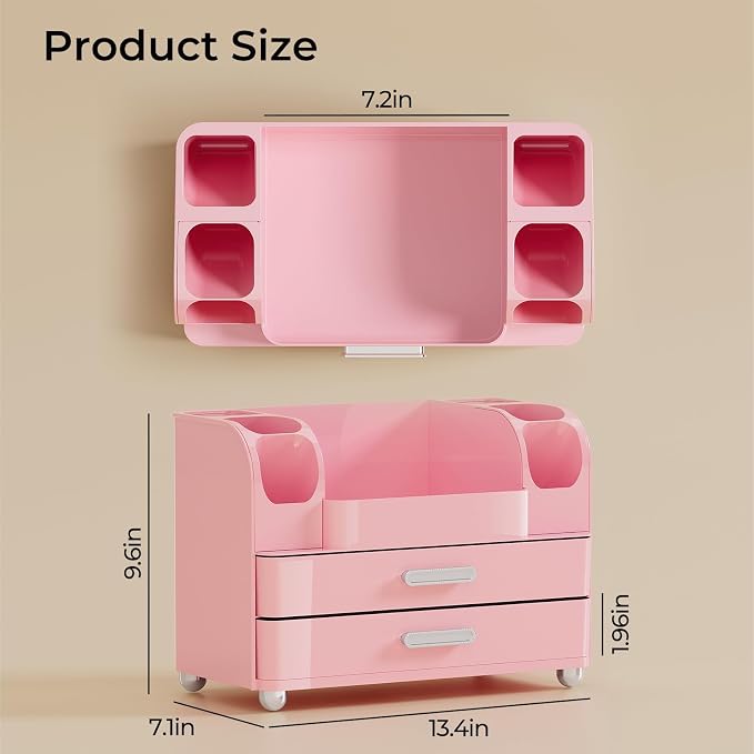 UFORU Makeup Organizer Countertop with 2 Large Drawers for Vanity Bathroom | Brush Holder, Large Capacity, Thickened Plastic, Compact Footprint, Space-Saving Design, Easy Clean, Ideal for Dorm Rooms