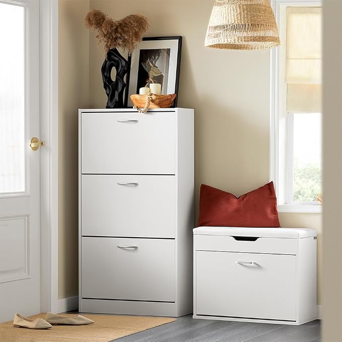 Haotian White Shoe Cabinet Entryway | Freestanding Shoe Rack with 3 Flip Drawers, Shoe Storage Cupboard Organizer for Entrance Hallway, FSR110-W