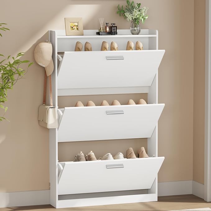 Slim Shoe Cabinet with 3 Flip Drawers,Narrow Shoe Rack 23.6" W White | Freestanding shoe storage cabinet for entryway,foyer and hallway,slim design and space-saving flip drawers