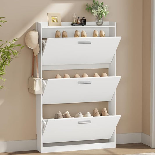 Slim Shoe Cabinet with 3 Flip Drawers,Narrow Shoe Rack 23.6" W White | Freestanding shoe storage cabinet for entryway,foyer and hallway,slim design and space-saving flip drawers