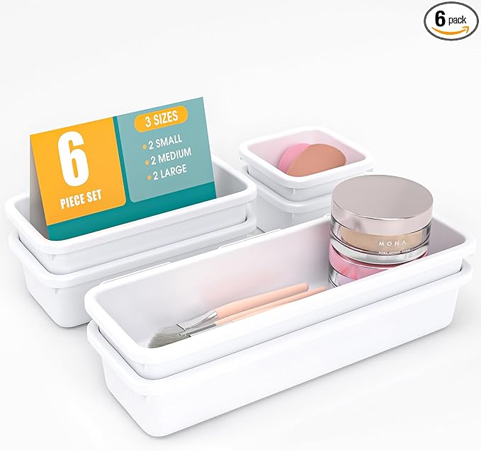 6 PCS Drawer Organizer Set, 3 Size Makeup Drawer Divider Organizer With Non-Slip Pads, Interlocking Plastic Storage Bins for Office,Jewelry Vanity,Gadgets, Bathroom,Kitchen, White