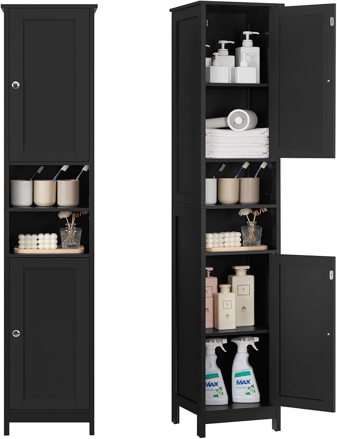 67" Tall Bathroom Cabinet with Adjustable Shelves and Doors | Narrow Bathroom Storage Cabinet for Small Space, Living Room, Entryway, Kitchen, Black