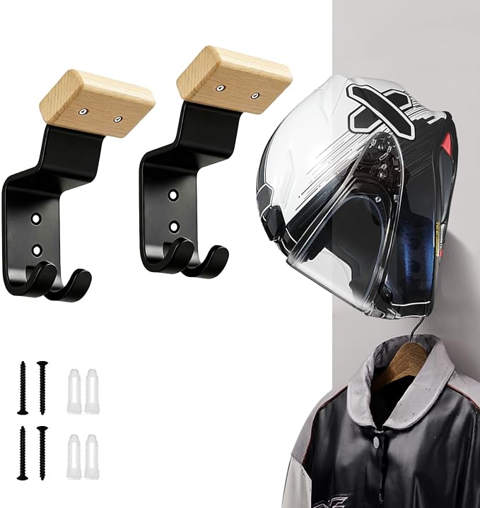 Motorcycle Helmet Holder Wall Mount - Heavy Duty Helmet Hanger Rack with 2 Key Hooks, Solid Wood & Strong Steel Design for Bike, Football, Skiing Sports Gear, Jackets & Hats (Yellow*2)