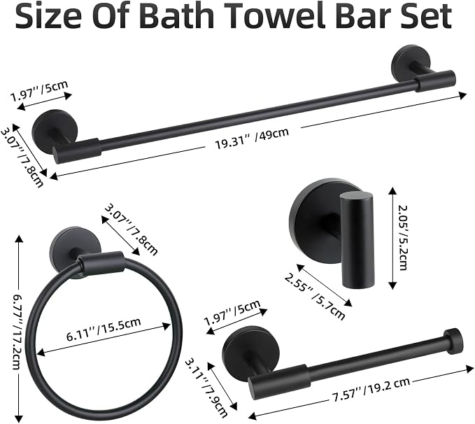 Matte Black Bathroom Hardware Accessories Towel Bar Set 10 Pieces | Stainless Steel Black Towel Rack Set, 19in Towel Bars Wall Mounted, Bathroom Towel Holders, Towel Rings, Towel Hooks