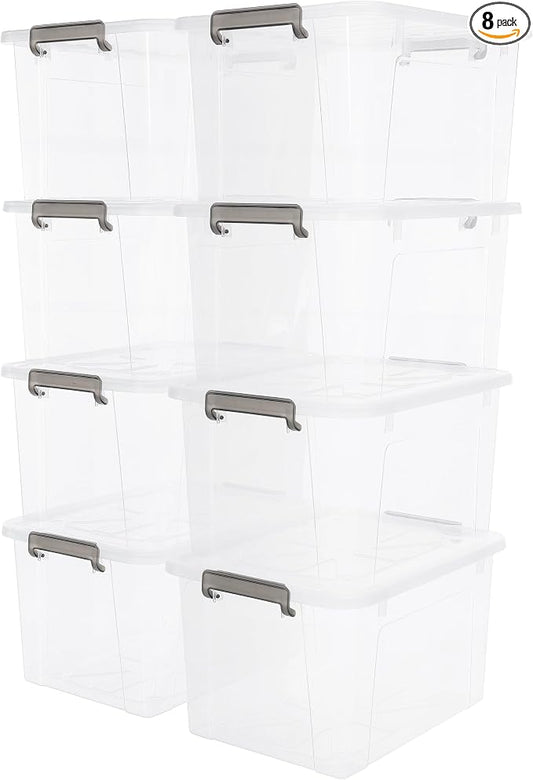 Citylife 44.4 QT Plastic Storage Bins with Latching Lids Stackable Storage Containers for Organizing Large Clear Storage Box for Garage, Closet, Kitchen, 8 Packs
