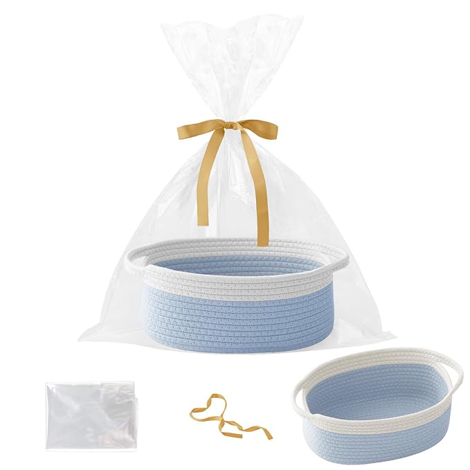 Woven Rope Basket - Baby Gift Basket with Bag & Ribbon, White&Blue | Cotton rope with handle, 12 x 8 x 5 in, gift bag and ribbon, for baby shower, birthday, toy storage, nursery, shelf decor