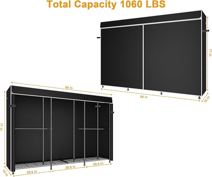 E14C Max Heavy Duty Closet Organizer System，Freestanding Clothing Racks for Hanging Clothes，Adjustable Garment Rack 86" W × 16" D × 77" H Hold 1060 lbs，Black Rack with Black Cover