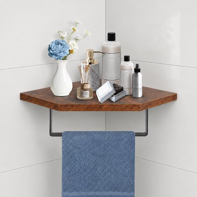 Hand Towel Holder/Towel Ring with Wooden Shelf, Hand Towel Rack, Hand Towel Hanger for Bathroom, Bath Accessories Wall Mounted, (Matte Black, 9.2"-Diamond Shaped)