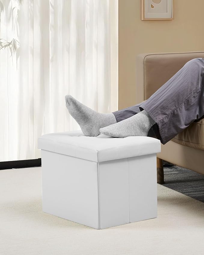 Bsketa Storage Ottoman Bench,17 Inch Folding Leather Foot Rest Stool,White | Ottoman with Storage, Thicker Foam Padded Seat, Living Room, Dorm, Bedroom, Load 330 lbs,Easy to install,17x13x13in