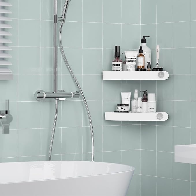 Sotfamily Plastic Shower Caddy Corner (for 90° Only), 2 Pack, White | Adhesive Corner Shower Shelves for Bathroom Organizers and Storage, Bathroom Decor
