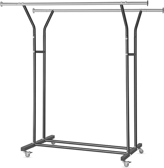 VICERII Clothing Rack, Heavy Duty Clothes Racks with Wheels and Bottom Shelf, 52.36’’ Metal Double Clothing Racks with Wheels, Wardrobe Rack for Hanging Clothes, Coats, Shirts, Skirts, Dresses, Black