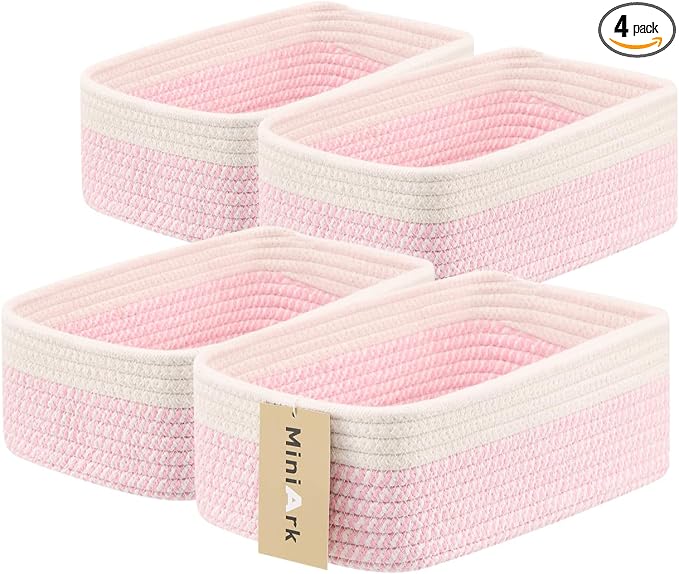 MiniArk Small Storage Baskets for Organizing | Closet Organizer Bins | Shelf Toy Basket | Woven Rope Baskets | Cube Decorative Box | Shallow Basket | 11.5x7.5x4.7” | 4 Packs White Pink