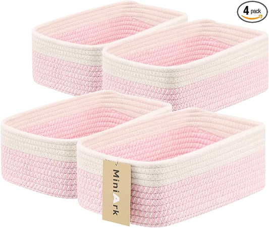 MiniArk Small Storage Baskets for Organizing | Closet Organizer Bins | Shelf Toy Basket | Woven Rope Baskets | Cube Decorative Box | Shallow Basket | 11.5x7.5x4.7” | 4 Packs White Pink