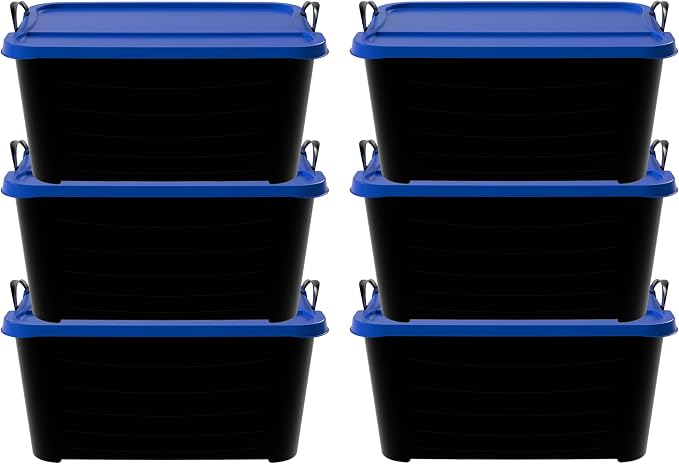 Life Story 6 Pack Heavy Duty Stackable Storage Bin, 55 Quart Home Organizer, Versatile Lightweight Locking Bins with Carrying Handles, Black/Blue