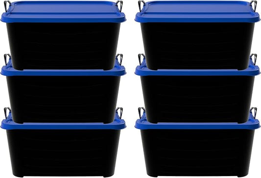 Life Story 6 Pack Heavy Duty Stackable Storage Bin, 55 Quart Home Organizer, Versatile Lightweight Locking Bins with Carrying Handles, Black/Blue
