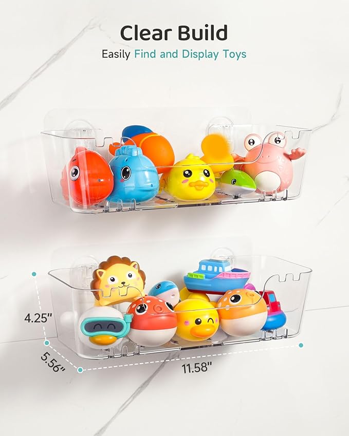 Bath Toy Storage Organizer 2 Pack, Bath Toy Holder with Drain Holes | Durable Plastic Bathtub Toy Storage for Bathroom, Quick-Dry Drainable Shower Caddy, Easy to Clean and Install