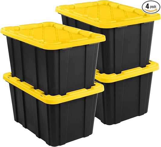 Sterilite Industrial Storage Tote with Lids for Garage, 27 Gallon, 4-Pack | Heavy-Duty and Stackable Utility Box Containers for Home, Office, and Basement Organization, Black/Yellow