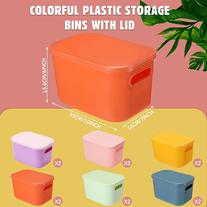 Thyle 12 Pack Pastel Colorful Plastic Storage Bins with Lids 7 Quart Toy Storage Box Stackable Nestable Organizer Boxes with Handle and Labels for Classroom Shelf Bedroom Desktop Toys School Supplies