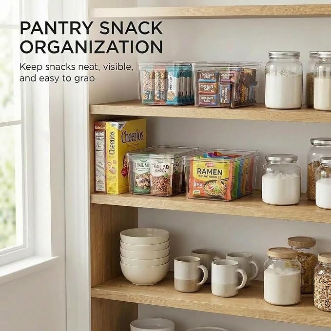 MOONEDGE 6-Pack 10x6x5 Stackable Small Clear Storage Bins with Lids | Plastic small item organizer containers with handles for vanity, craft, office, fridge, kitchen, pantry, bathroom and closet