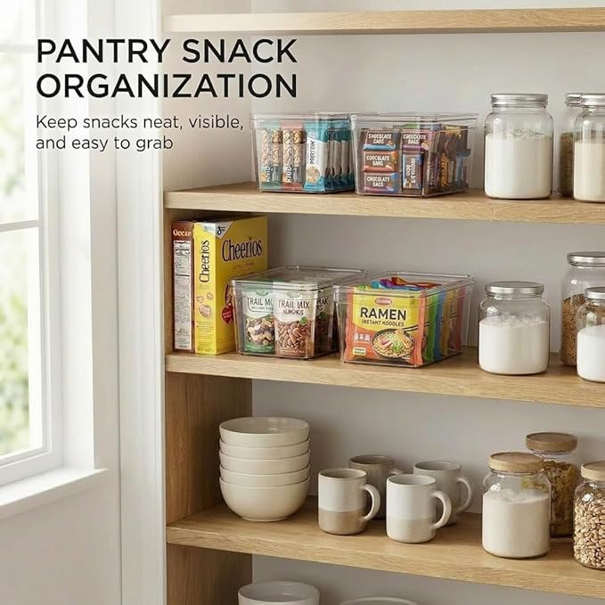 MOONEDGE 4-Pack 10x6x5 Stackable Small Clear Storage Bins with Lids | Plastic small item organizer containers with handles for vanity, craft, office, fridge, kitchen, pantry, bathroom and closet