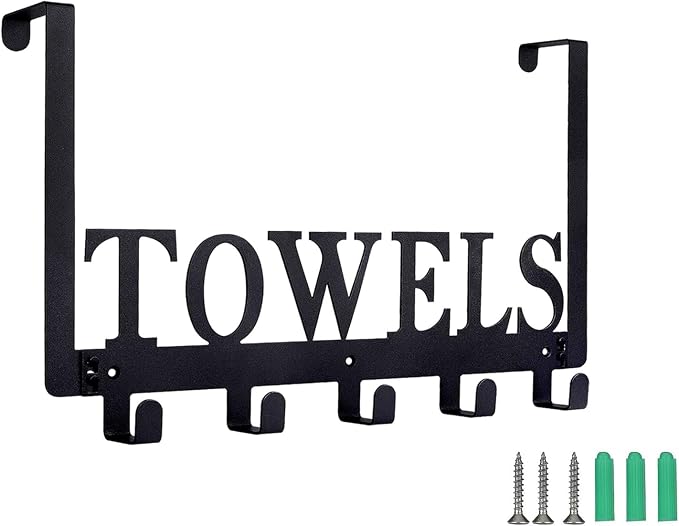 Azmoncy Over The Door Hooks, Towel Rack for Bathroom Towel Holder for Hanging Heavy Duty,Towel Hanger with 5 Hooks for Bedroom Bathroom Kitchen, Black