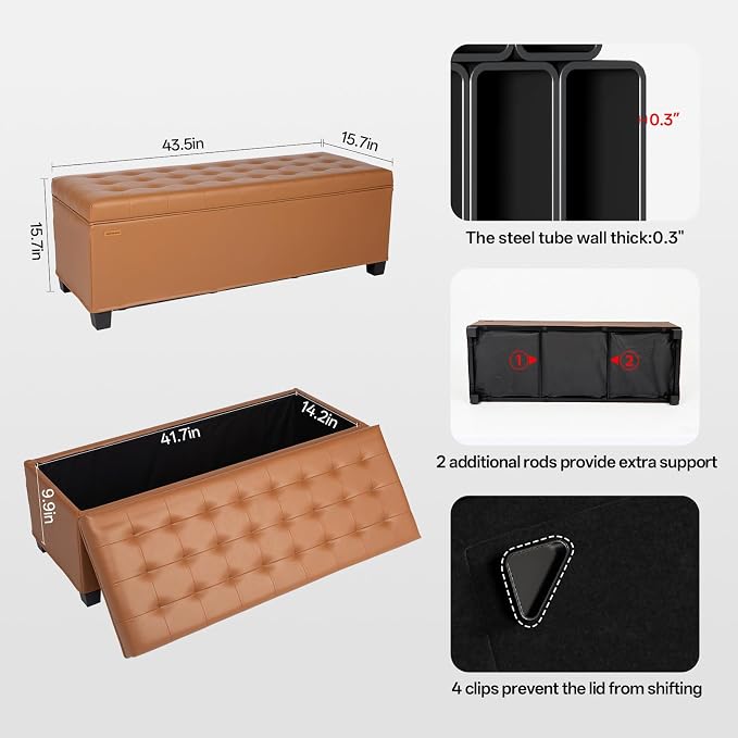 ABHENG 43.5”W Metal Frame end of Bed Storage Ottoman Bench UASND624Z | hold up to 770 LB,100L of Storage space,Water proof Synthetic Leather Cover ,43.5”W x 15.7”D x 15.7”H, Window entryway bench