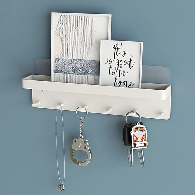 MKO Key Holder Wall Mount, Adhesive Key Hanger with 6 Hooks for Wall, White | Metal Material, Key Rack with Shelf, Wall Mount, Mail Organizer Tray, Suitable for Entryway, Hallway, Living Room