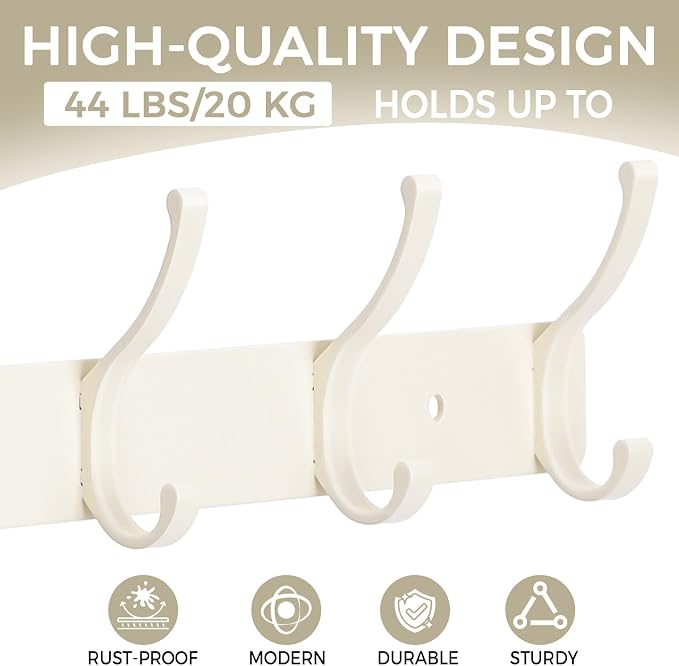 Dntorx Coat Rack Wall Mount, 2 Pack White Coat Hooks Hanger Wall with 6 Double Hooks Rack Rail Towel Hat Rack Entryway Bathroom Hanger Organizer for Robes, Clothes, Bags, Hat