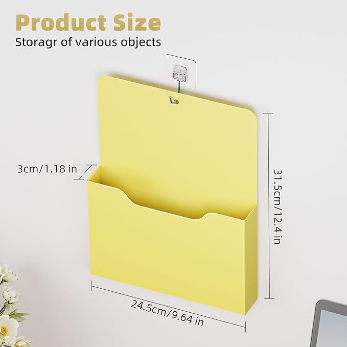 Marbrasse 2 Pack Magnetic File Holder - Paper Holder, Pocket Organizer,Hanging Wall File Organizer Office Supplies Storage, Magazine Mail Organizer Case for Notebooks,Planners,Letter (Yellow)