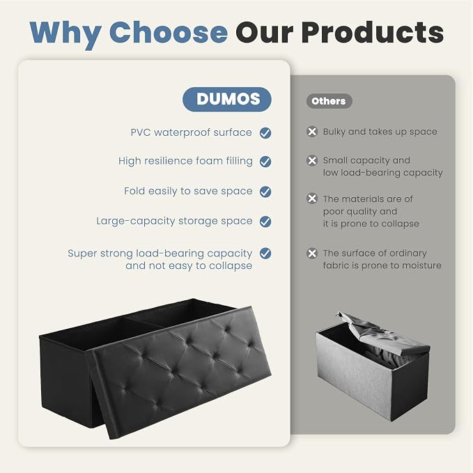 DUMOS 43 Inch Folding Ottoman with Storage Bench, Foot Rest Stool Ottoman | Upholstered End of Bed Storage Bench, Storage Ottoman Loads 660 Lbs for Bedroom, Living Room, Synthetic Leather, Black