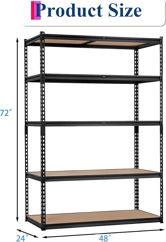 5-Tier Garage Storage Shelves for Kitchen Pantry Basement Bathroom Laundry Heavy Duty Metal Adjustable Shelving Unit Storage Shelving, 2500 LBS Capacity, 48" l x 24" w x 72" h