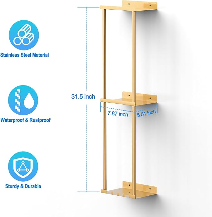 Liuoud Towel Rack for Bathroom, Wall Mounted Vertical Rolled Towel Storage Organizer Holder with Shelf, Holds Up 6 Large Bath Sheets, Gold