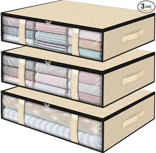 StorageRight Under Bed Storage Bags, 3 Pack, 40L, Beige | Breathable Non-Woven Fabric with a Clear Window and Zippered Top for Clothes, Comforters, Blankets and Seasonal Storage