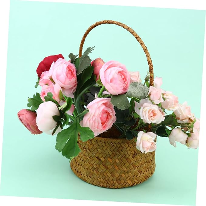 Seagrass Woven Storage Basket Toy Storage Straw Woven Basket Handles Succulent Planter Knitted Flower Desktop Decoration