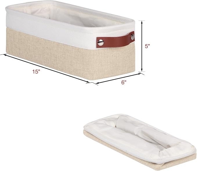 Univivi Small Fabric Storage Bins,15x6x5 inch,4 Pack,Khaki | Metal Frame,Hard Cardboard Bottom,Foldable,with PU Handles,Long Narrow Storage Baskets,Organizing Small Items