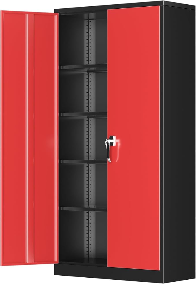Greenvelly Metal Garage Storage Cabinet, 72" Black Red Tool Steel Locking Cabinet with Doors and 4 Shelves, Tall Cabinets for Garage Storage Systems Lockable File Cabinet for Home Office,Garage