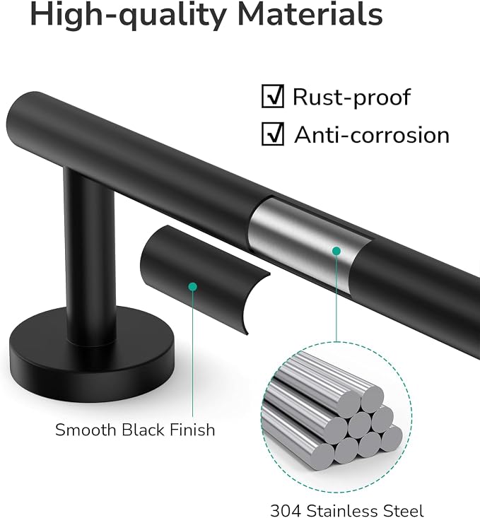 USHOWER Matte Black Towel Bar, 22-Inch Towel Racks for Bathroom | Thicken SUS304 Stainless Steel Towel Rod, Towel Holder Wall-Mounted, Modern Home Decor (Total Length 24-Inch)