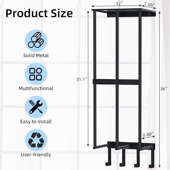 Camping Chair Wall Storage for Garage, Metal Camping Chair Storage Rack Wall Holder, Floating Shelf, 4 Hooks, Stainless Steel, Beach Chair Rack, Umbrella Holder, Garage Chair Organizer, Matte Black