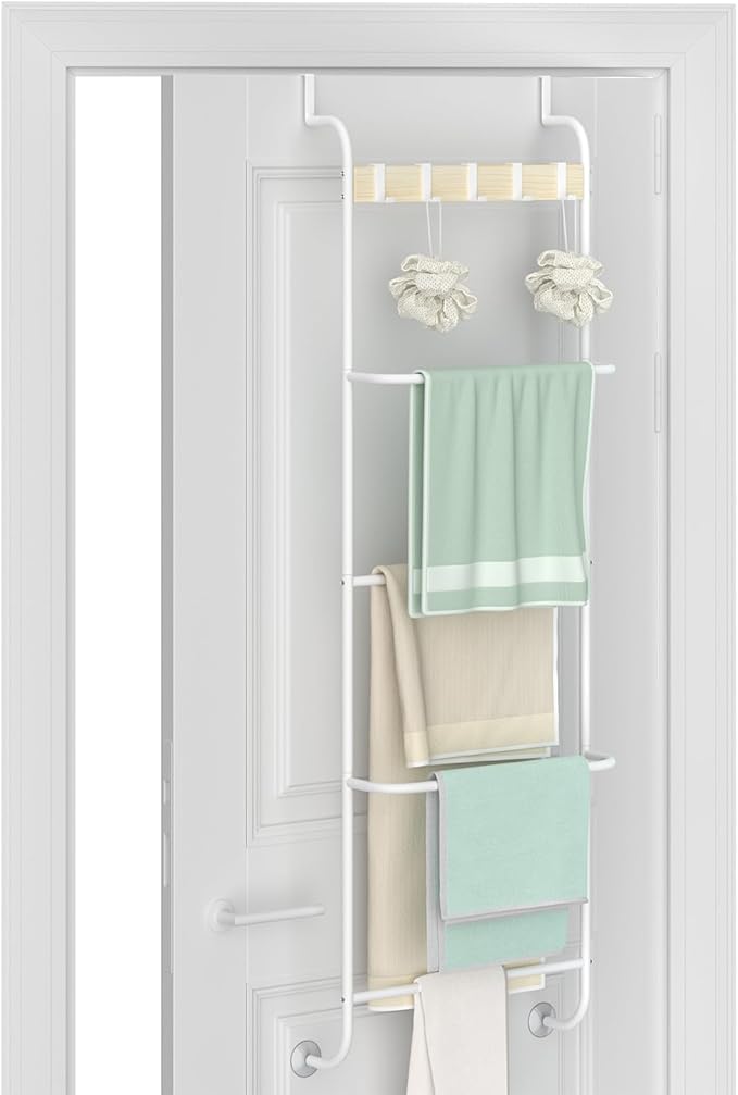 Over the Door Towel Rack for Bathroom 5 Tier Over The Door Towel Bar | Back of Door Towel Rack, Behind Door Towel Holder with Hooks, White Door Rack Hanger, Stable Suction Cup Design