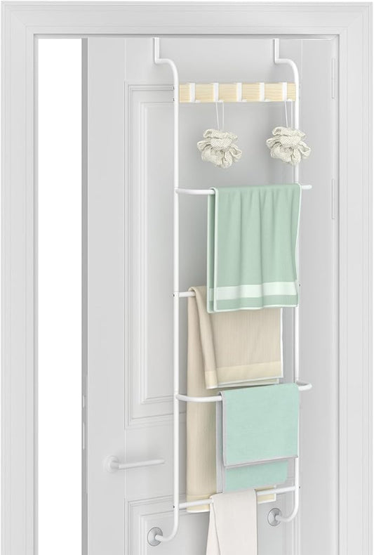 Over the Door Towel Rack for Bathroom 5 Tier Over The Door Towel Bar | Back of Door Towel Rack, Behind Door Towel Holder with Hooks, White Door Rack Hanger, Stable Suction Cup Design
