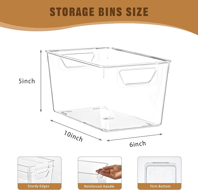 Freebat 12 Pack Pantry Organization and Storage,Clear Plastic Storage Bins | Middle, Cabinet Organizer, Clear Plastic Storage Containers with Handle,Acrylic Storage Bins for Cabinet, Fridge