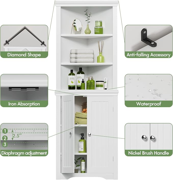 YESHOMY Corner Cabinet, Storage Cupboard with Doors, White | Tall Storage Cabinet with Adjustable Shelves, for Living Room, Bathroom, Kitchen