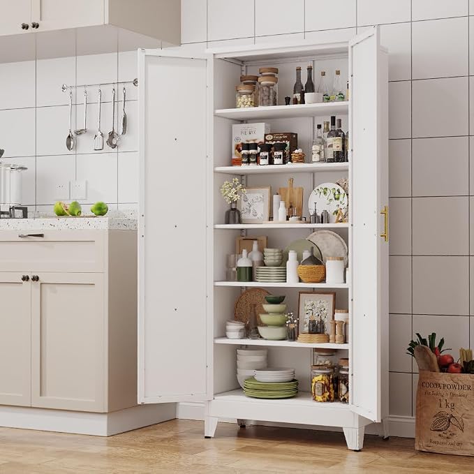 75.2" Tall Metal Kitchen Pantry Storage Cabinet, Freestanding Cupboard with 2 Doors and 5 Adjustable Shelves, Standing Storage for Kitchen, Bathroom, Garage, Dinning Room or Utility Room