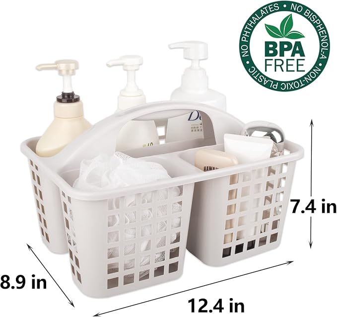 Portable Shower Caddy Basket Plastic Storage Basket with Divided Light Grey | Sturdy Large Capacity Cleaning Supplies Organizer Compartments Tool Bin for Bathroom Kitchen Bedroom College Dorm Essentials