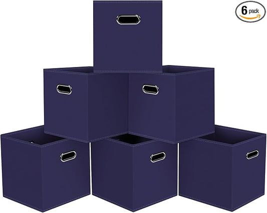 Black Foldable Storage Cubes Bins, Fabric Storage Box Cubes Organizer Baskets with Dual Handles for Home Organizer,Set of 6,(Navy Blue)