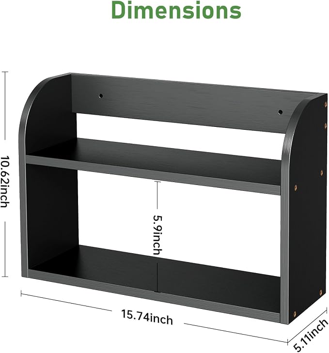 ROMGUAR CRAFT 2 Tier Bamboo Spice Rack, Countertop or Wall Mounting Wood Spice Jars Organizer Shelf for Kitche, Pantry (Black)
